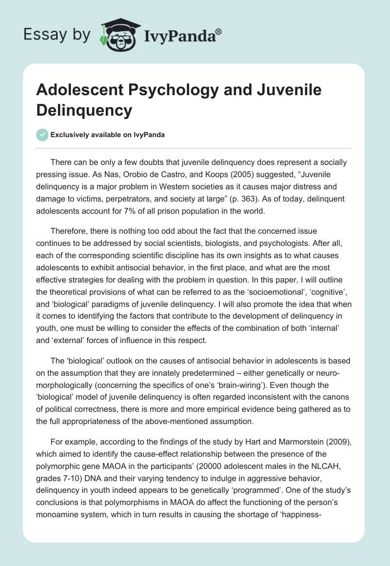 Adolescent Psychology and Juvenile Delinquency. Page 1