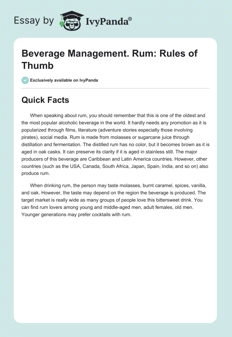 Beverage Management. Rum: Rules of Thumb. Page 1