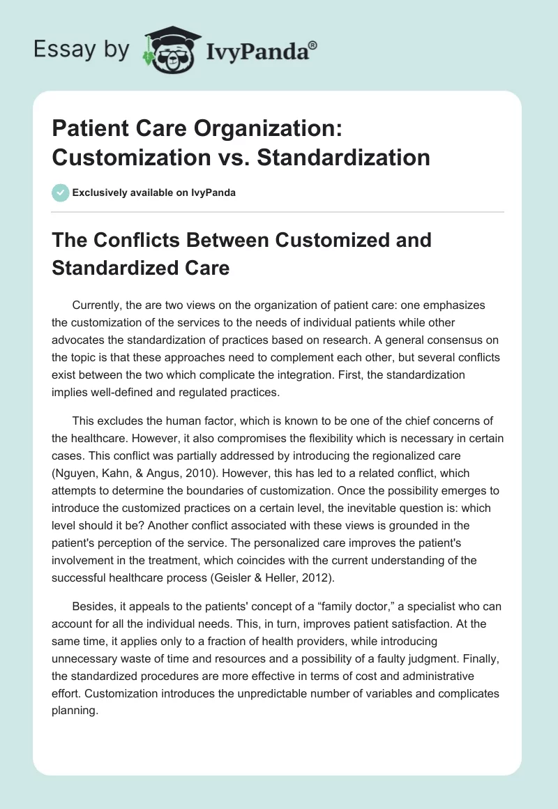 Patient Care Organization: Customization vs. Standardization. Page 1