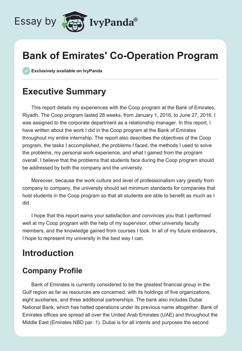 Bank of Emirates' Co-Operation Program. Page 1