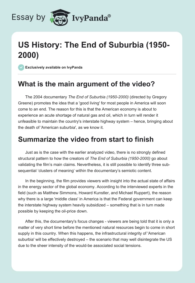 US History: "The End of Suburbia (1950-2000)". Page 1