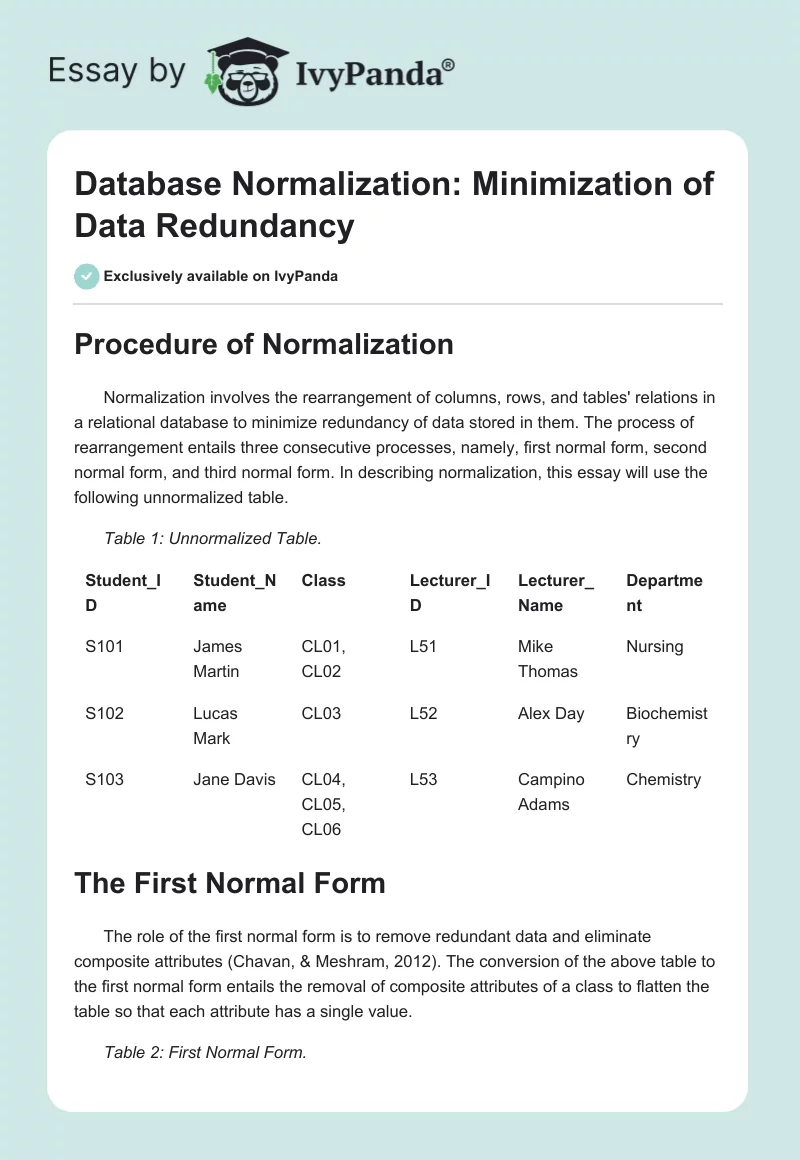 Database Normalization: Minimization of Data Redundancy. Page 1