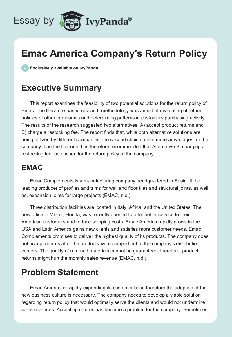 Emac America Company's Return Policy. Page 1