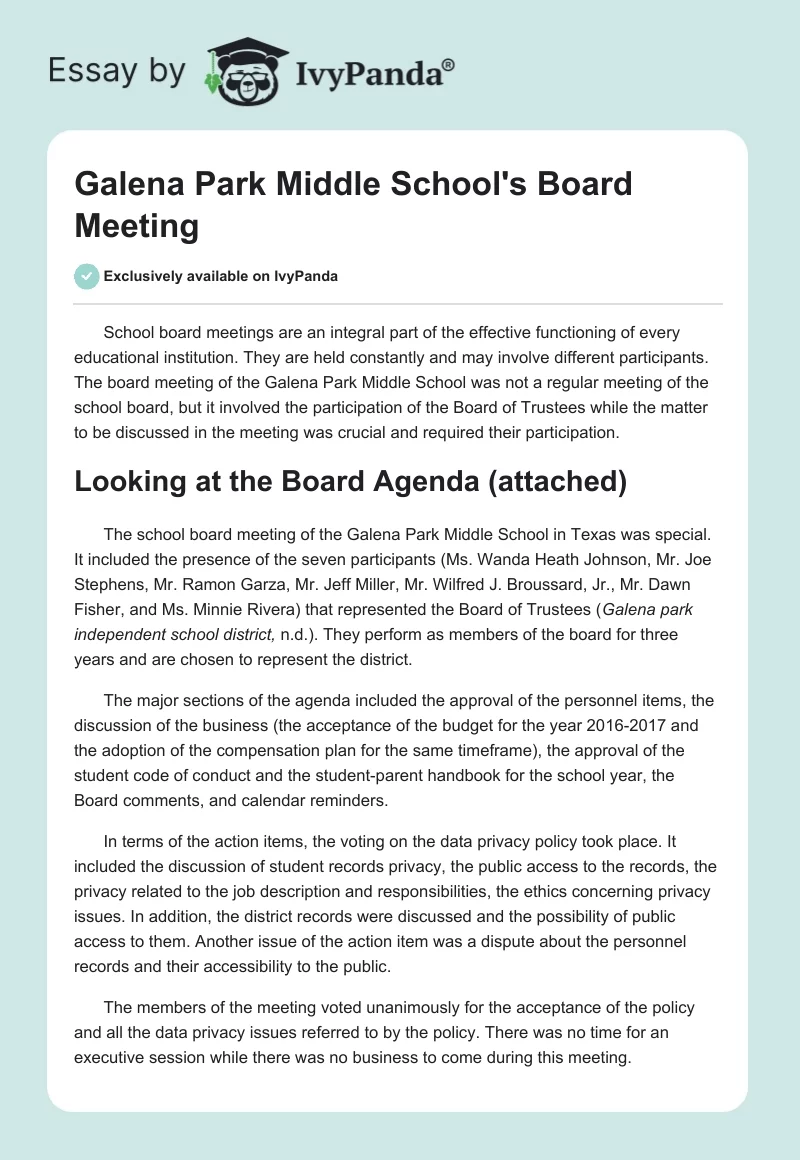 Galena Park Middle School's Board Meeting. Page 1