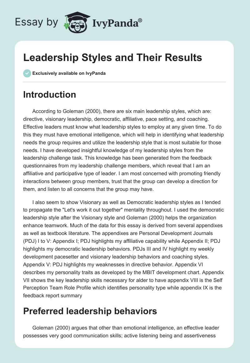 Leadership Styles and Their Results. Page 1