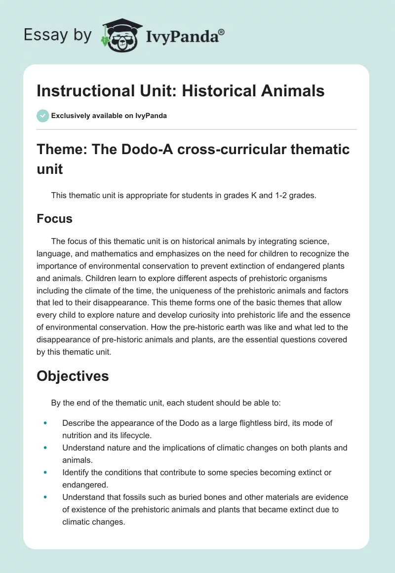 Instructional Unit: Historical Animals. Page 1