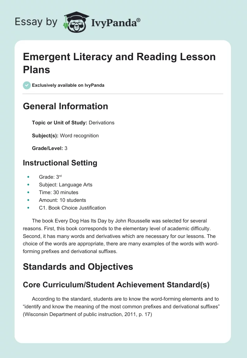 Emergent Literacy and Reading Lesson Plans. Page 1