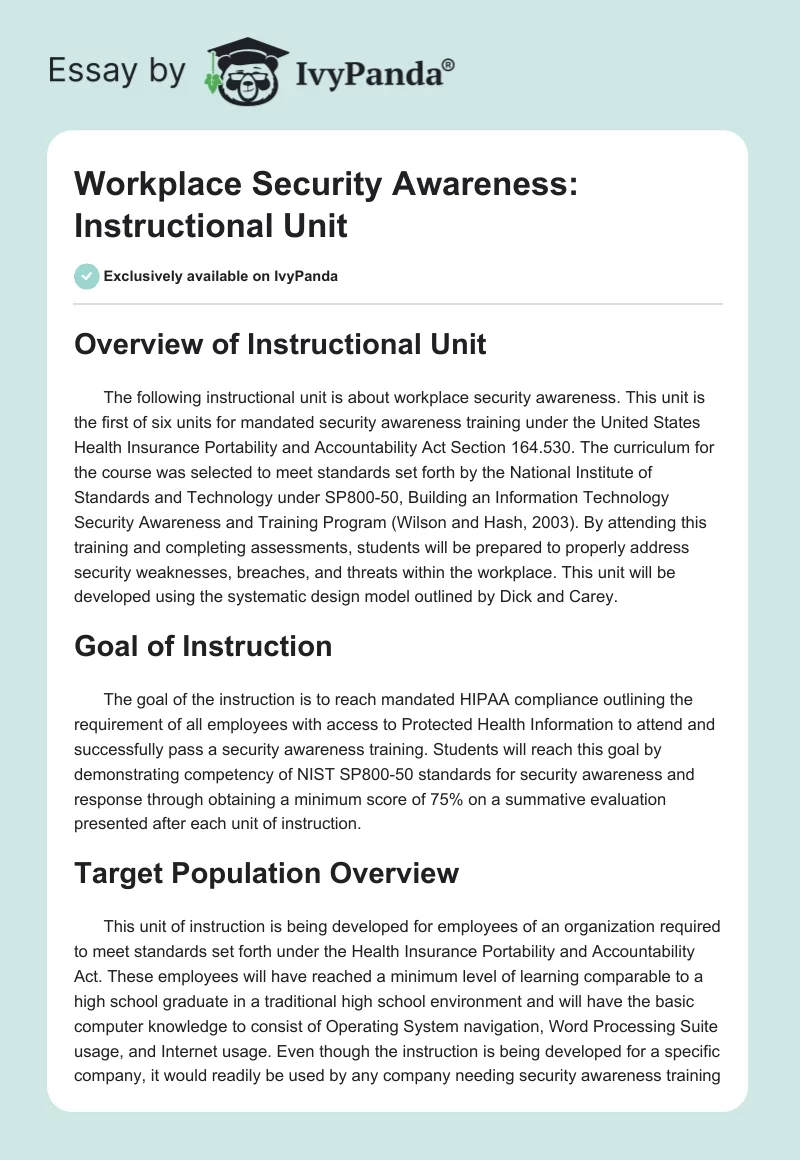 Workplace Security Awareness: Instructional Unit. Page 1