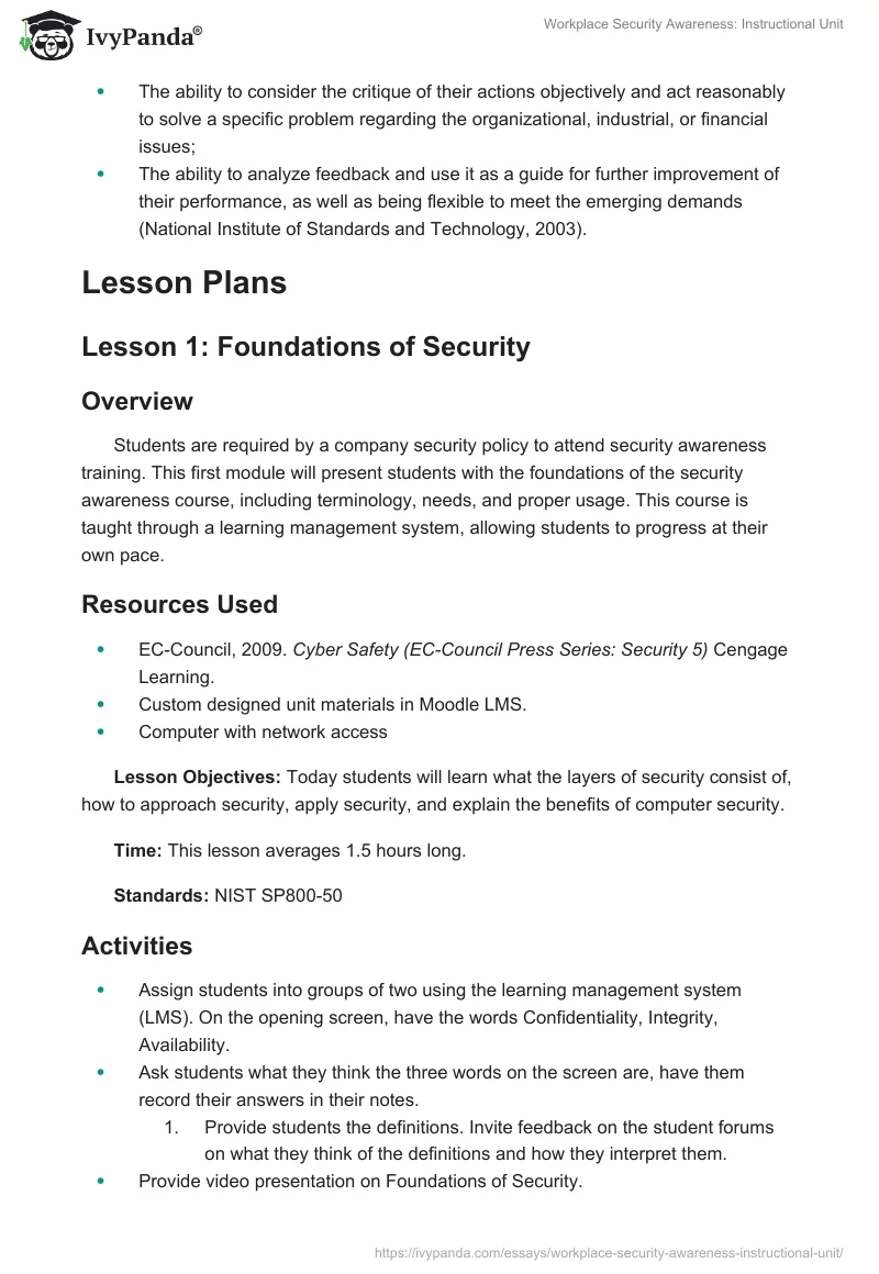 Workplace Security Awareness: Instructional Unit. Page 5