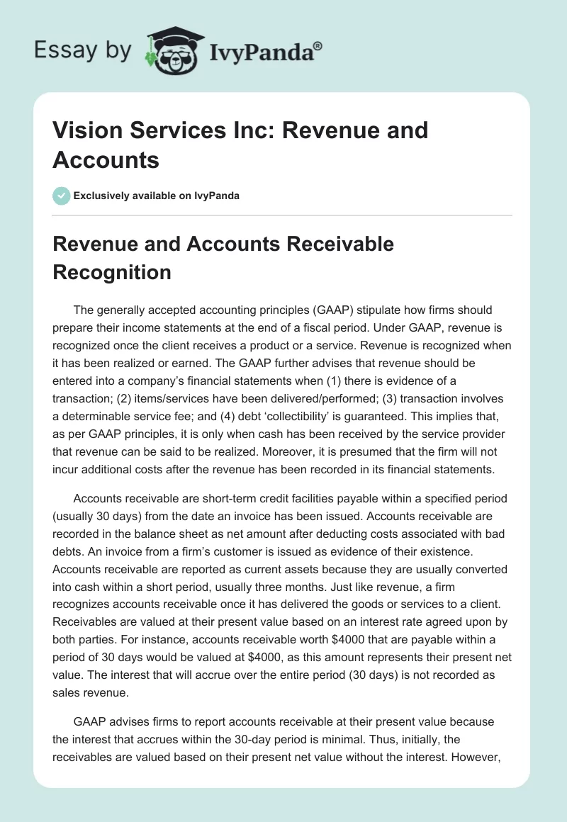 Vision Services Inc: Revenue and Accounts. Page 1