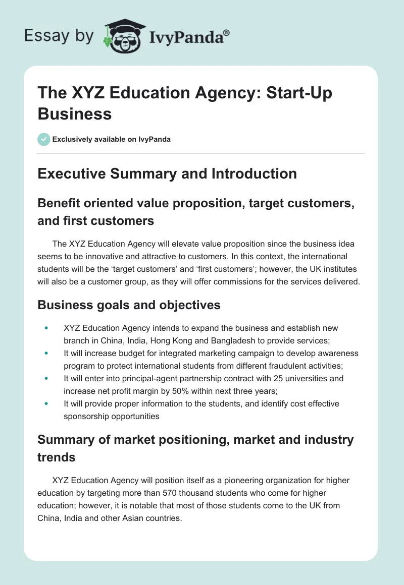 The XYZ Education Agency: Start-Up Business. Page 1