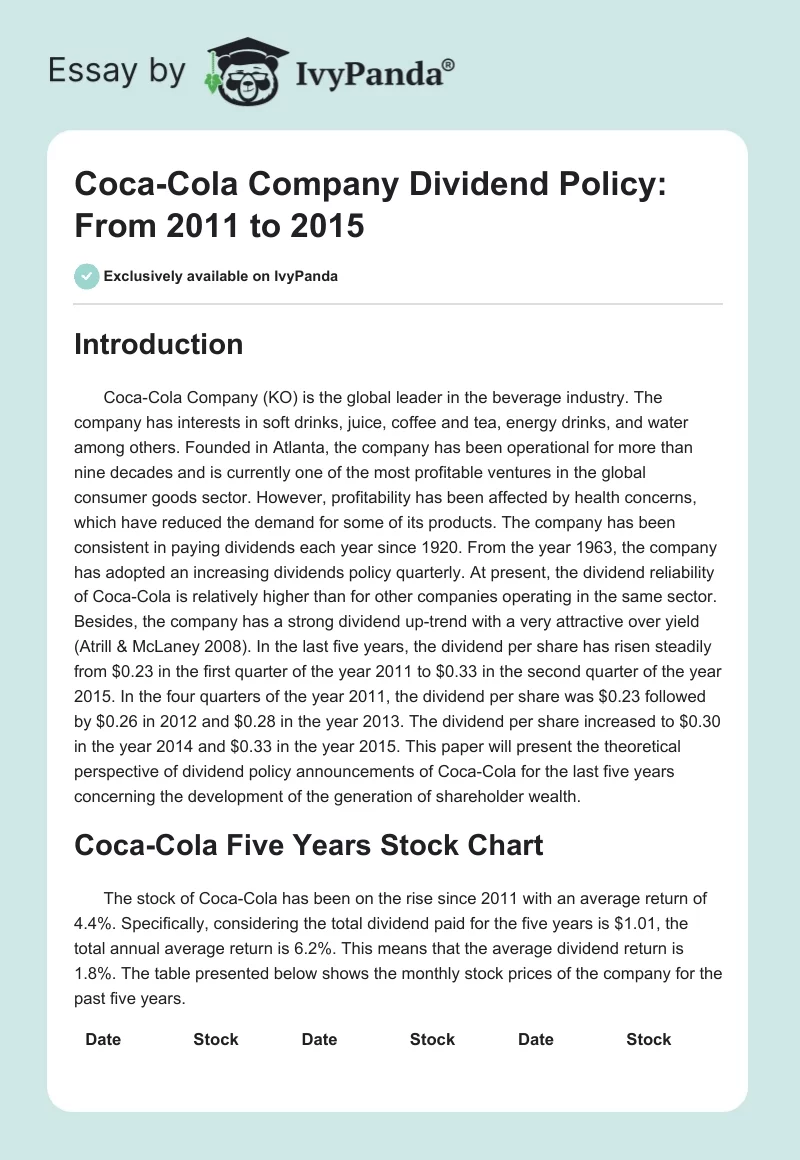 Coca-Cola Company Dividend Policy: From 2011 to 2015. Page 1