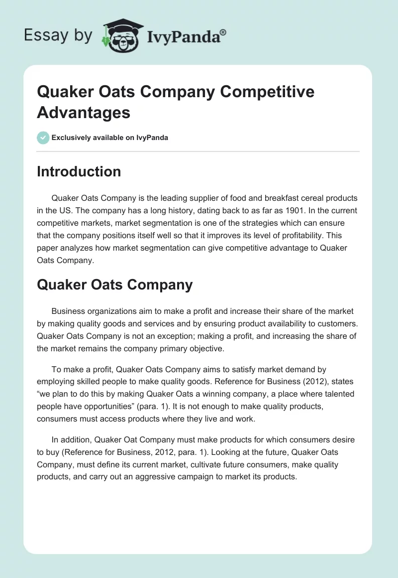 Quaker Oats Company Competitive Advantages. Page 1