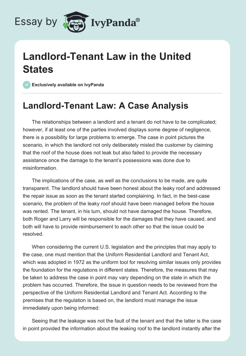 Landlord-Tenant Law in the United States. Page 1