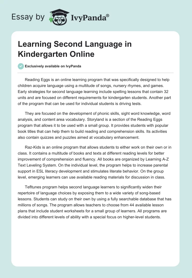 Learning Second Language in Kindergarten Online. Page 1