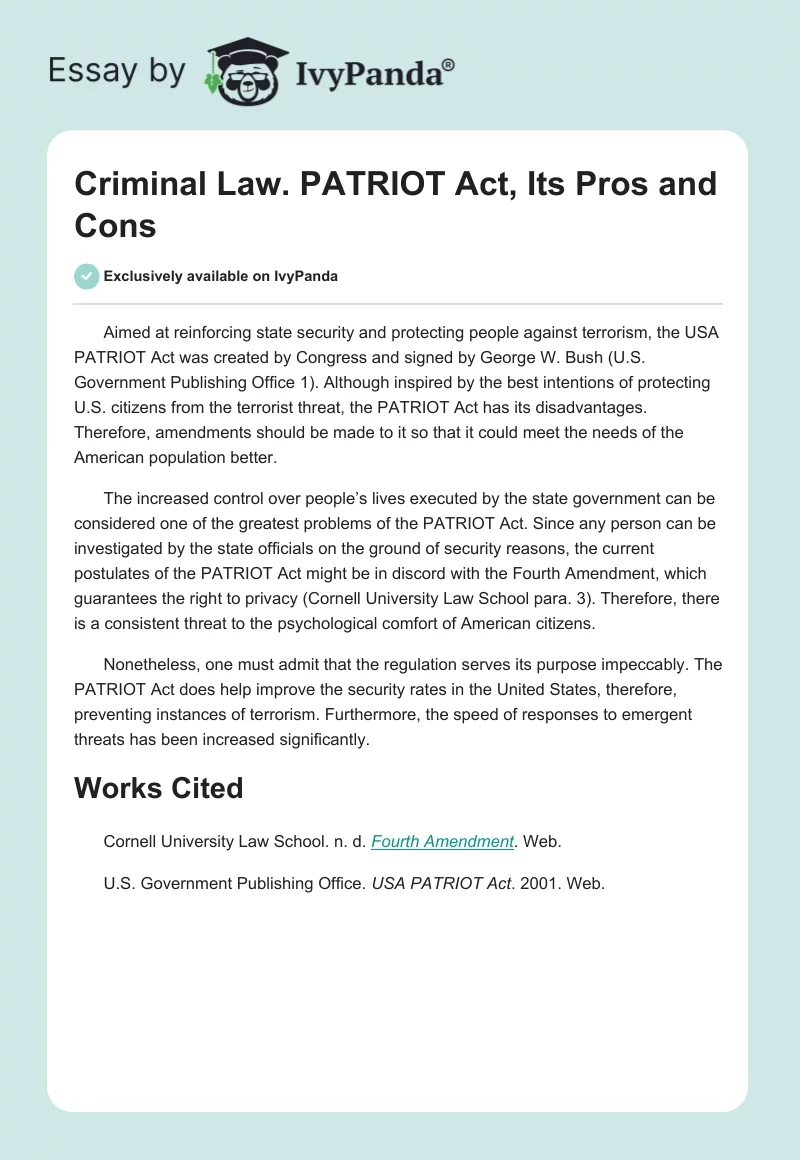 Criminal Law. PATRIOT Act, Its Pros and Cons. Page 1