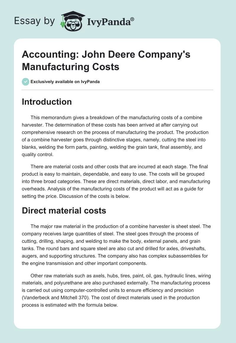 Accounting: John Deere Company's Manufacturing Costs. Page 1