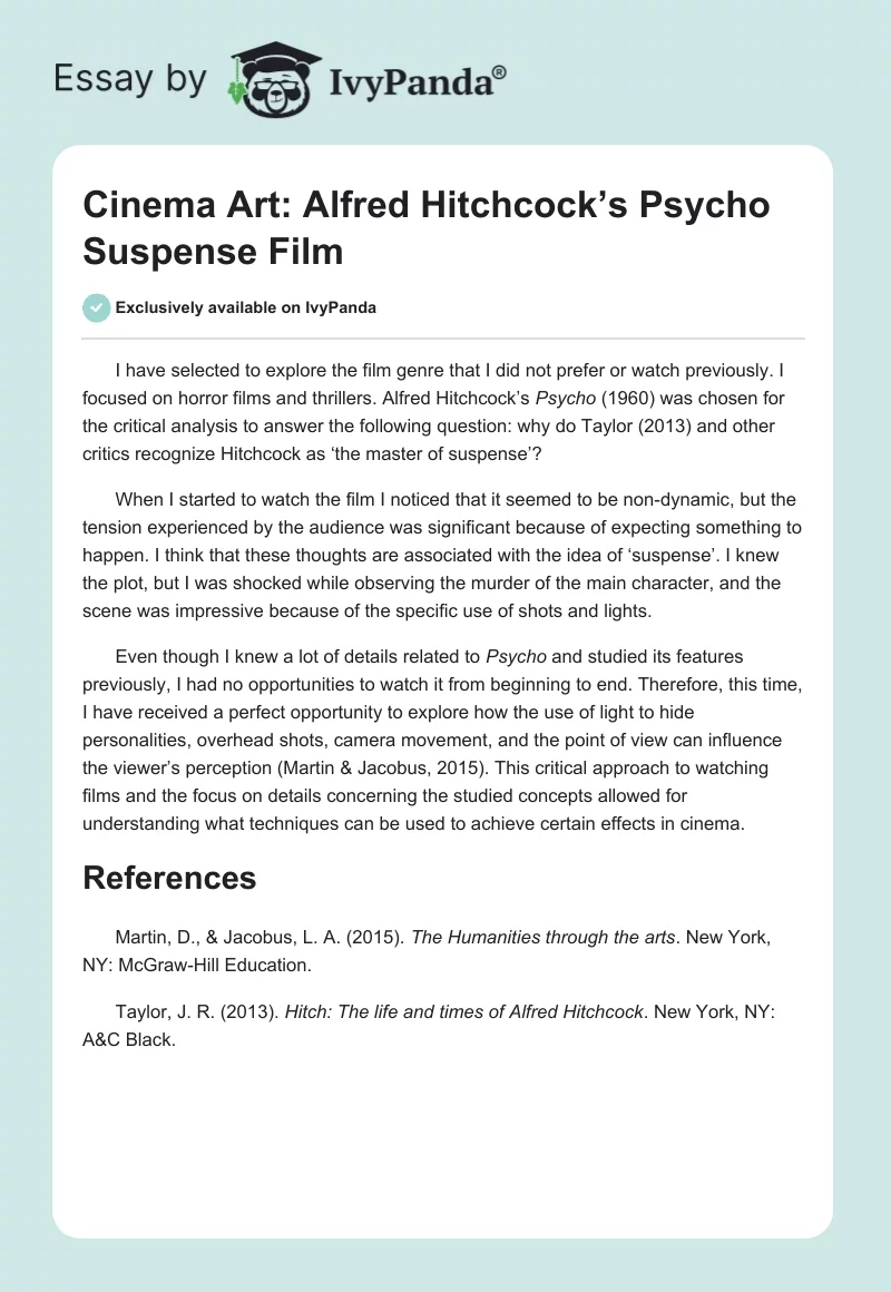 Cinema Art: Alfred Hitchcock’s "Psycho" Suspense Film. Page 1