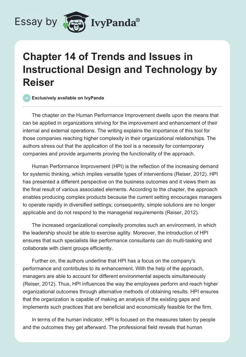 Chapter 14 of "Trends and Issues in Instructional Design and Technology" by Reiser. Page 1