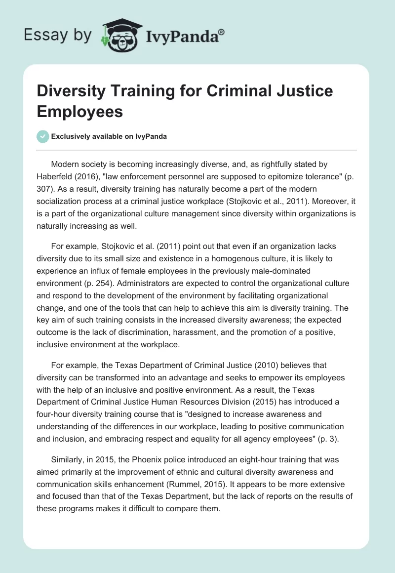 Diversity Training for Criminal Justice Employees. Page 1
