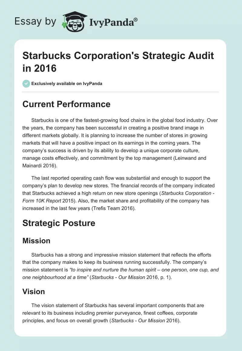 Starbucks Corporation's Strategic Audit in 2016. Page 1