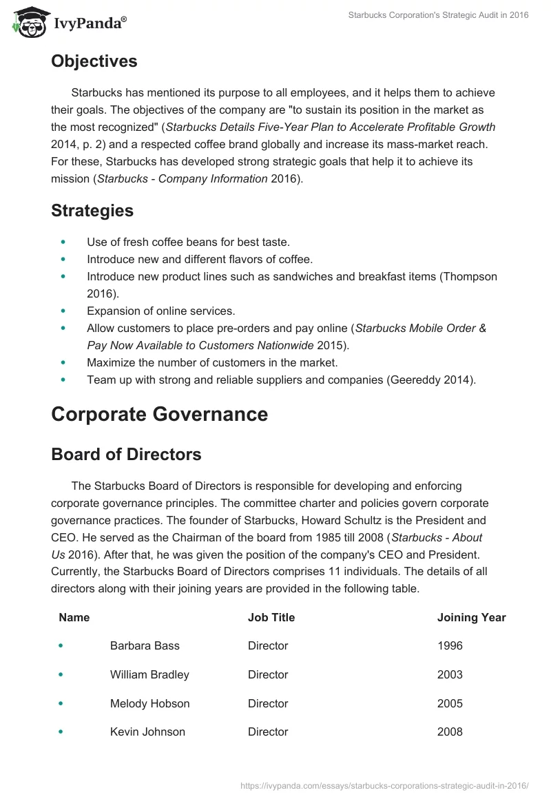 Starbucks Corporation's Strategic Audit in 2016. Page 2