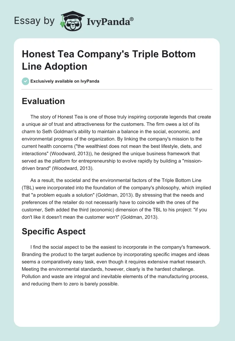 Honest Tea Company's Triple Bottom Line Adoption. Page 1