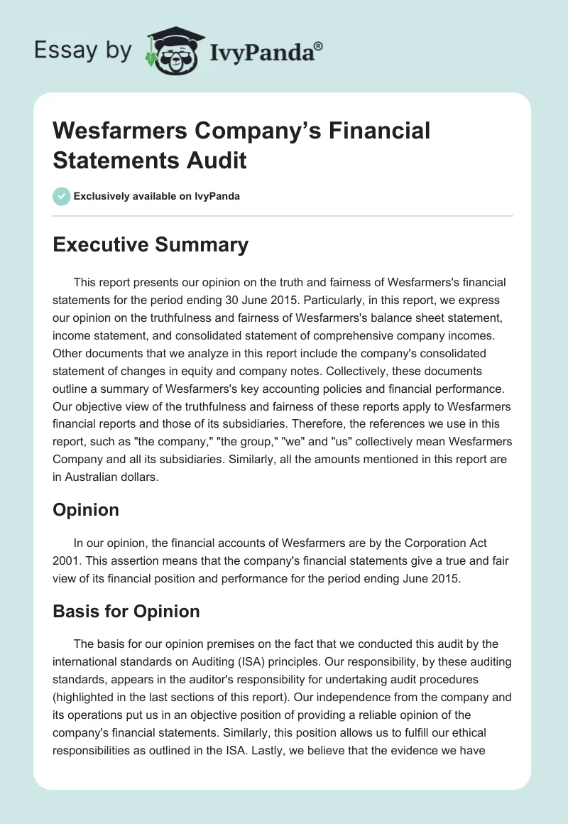 Wesfarmers Company’s Financial Statements Audit. Page 1