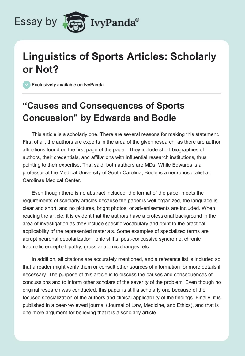 Linguistics of Sports Articles: Scholarly or Not?. Page 1