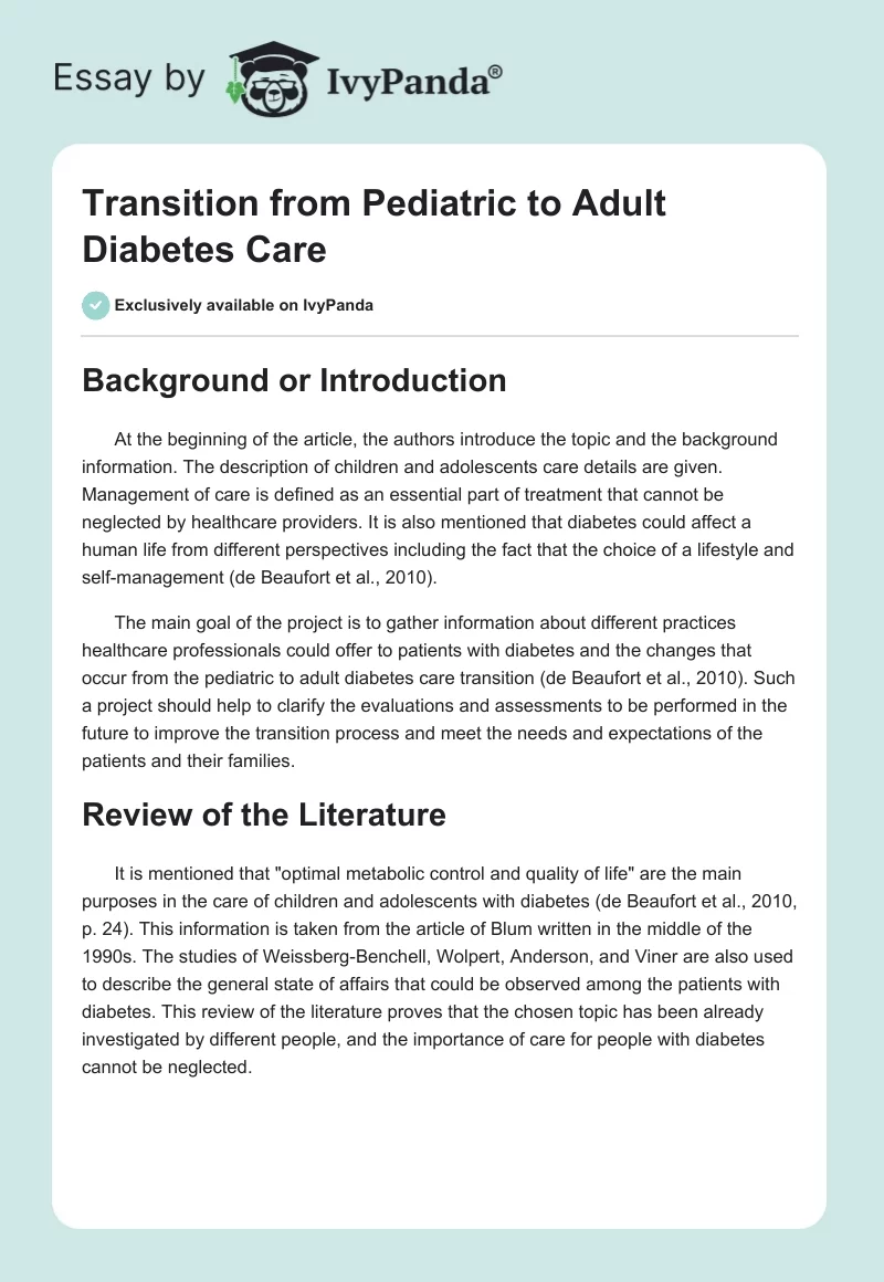 Transition from Pediatric to Adult Diabetes Care. Page 1