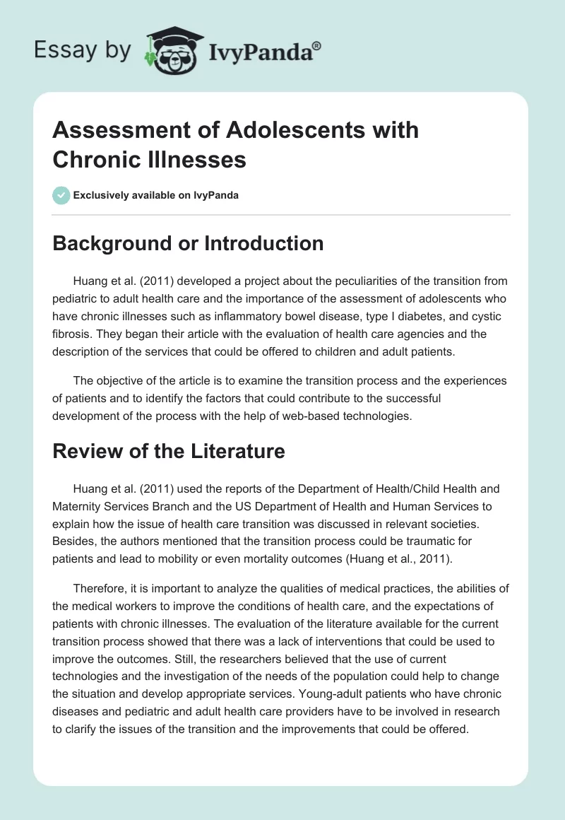Assessment of Adolescents with Chronic Illnesses. Page 1