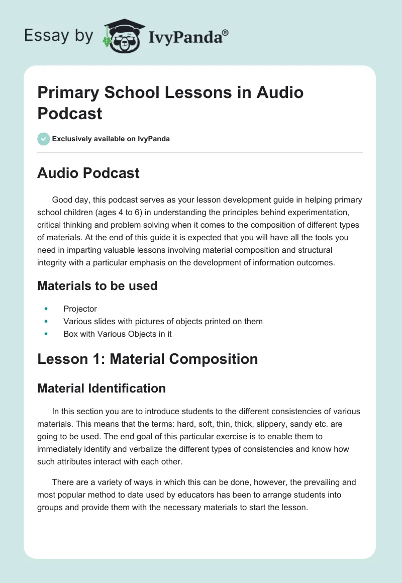 Primary School Lessons in Audio Podcast. Page 1