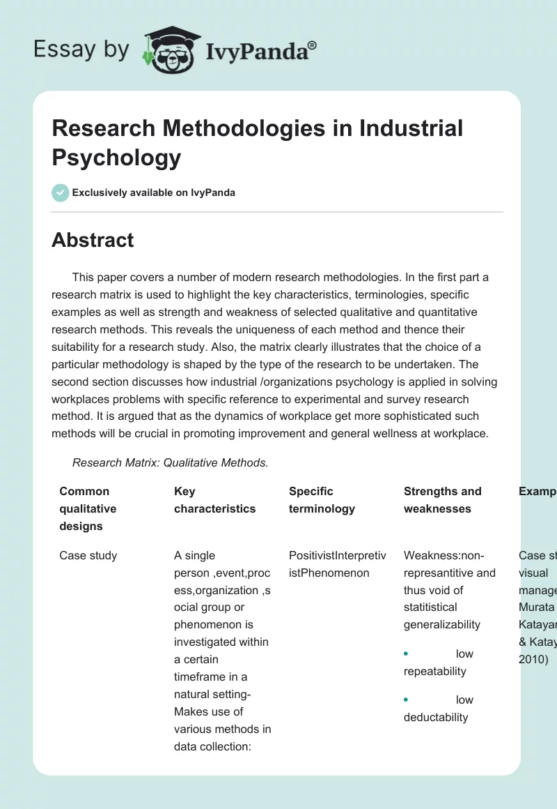Research Methodologies in Industrial Psychology. Page 1
