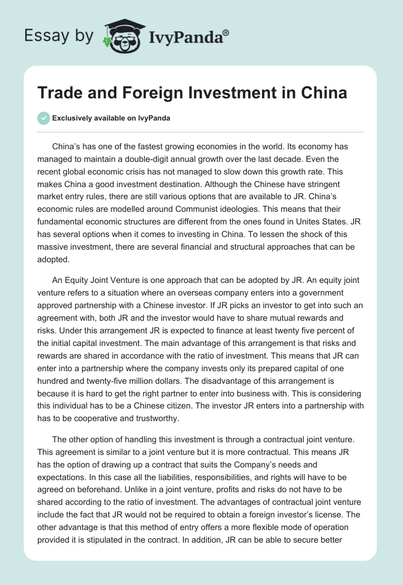 Trade and Foreign Investment in China. Page 1