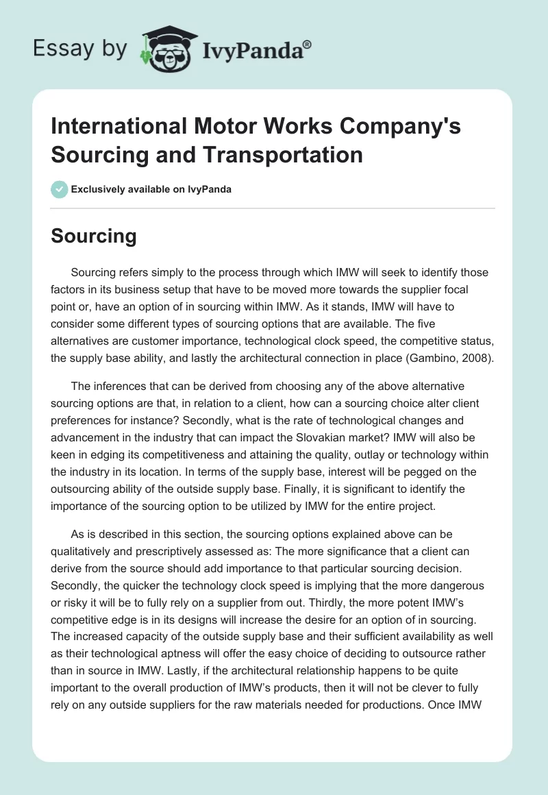 International Motor Works Company's Sourcing and Transportation. Page 1