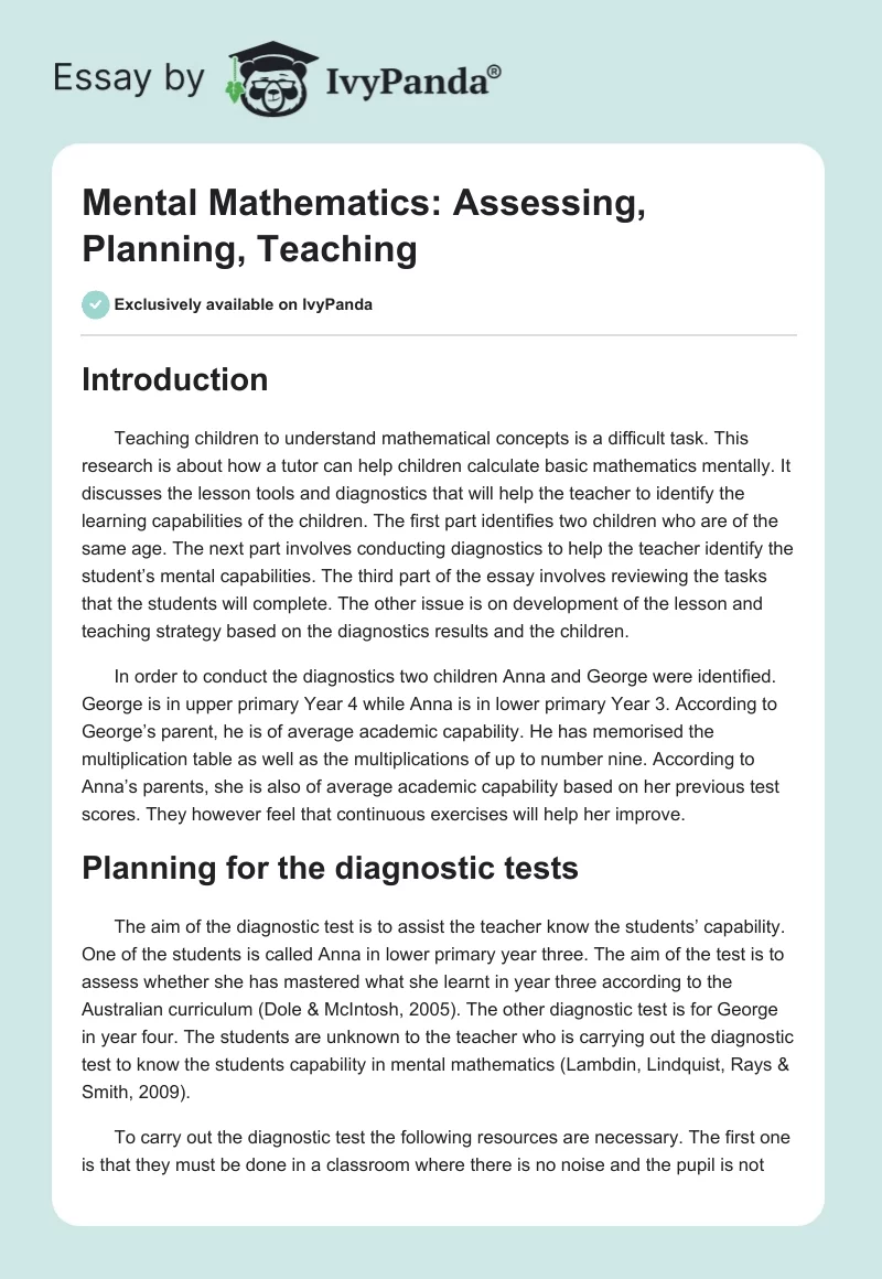 Mental Mathematics: Assessing, Planning, Teaching. Page 1