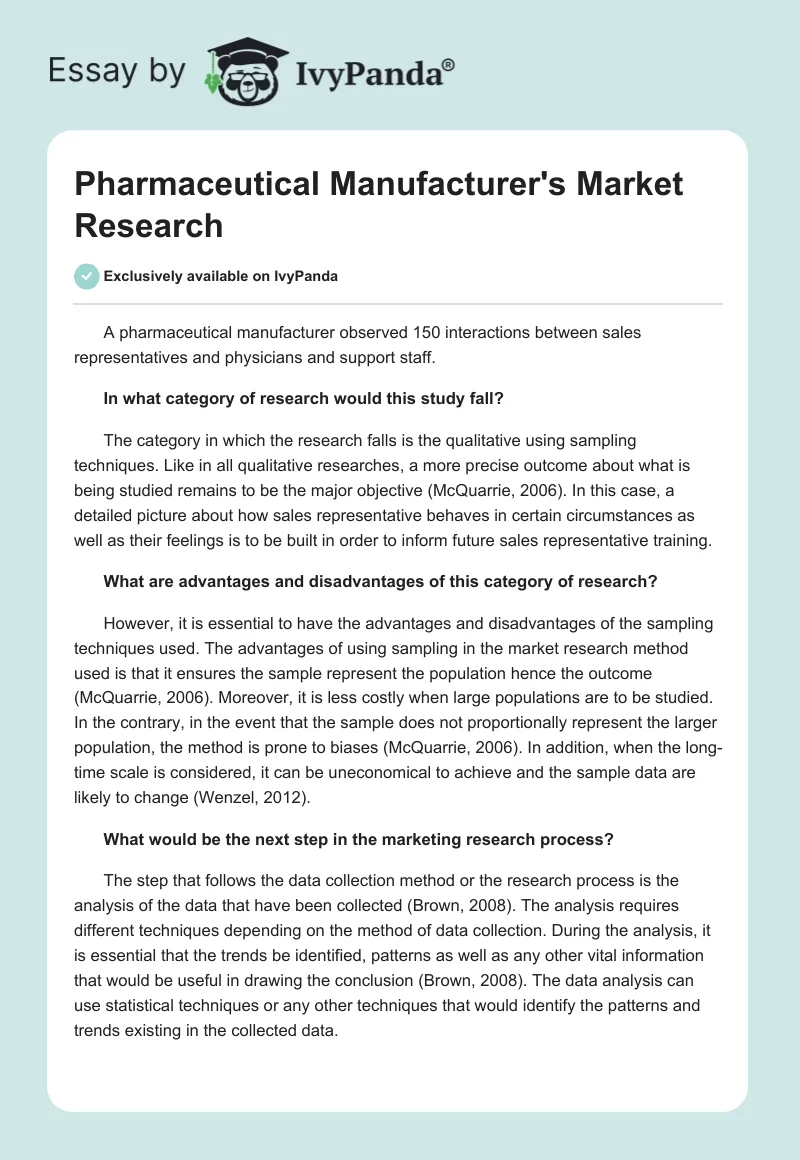 Pharmaceutical Manufacturer's Market Research. Page 1