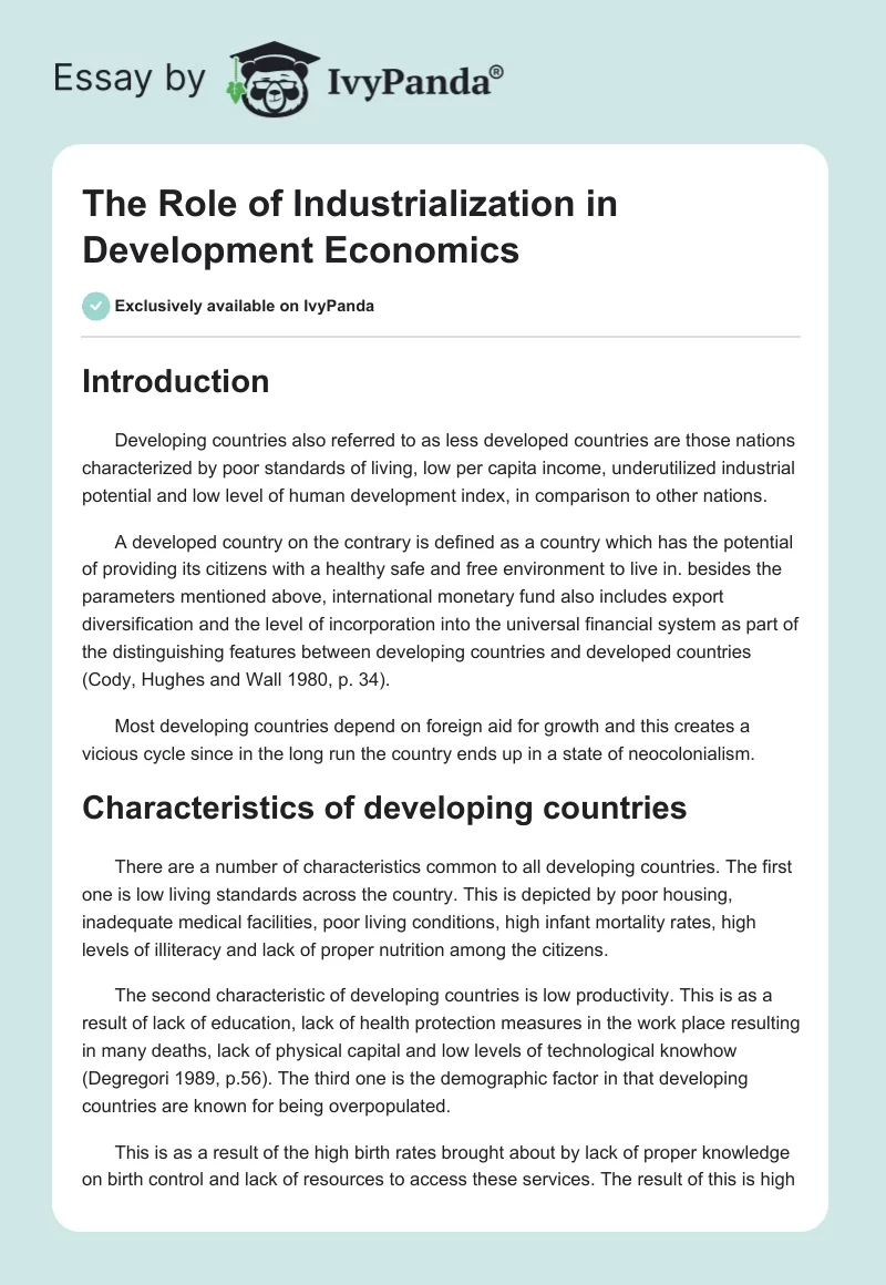 The Role of Industrialization in Development Economics. Page 1
