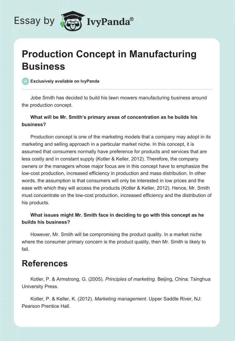 Production Concept in Manufacturing Business. Page 1