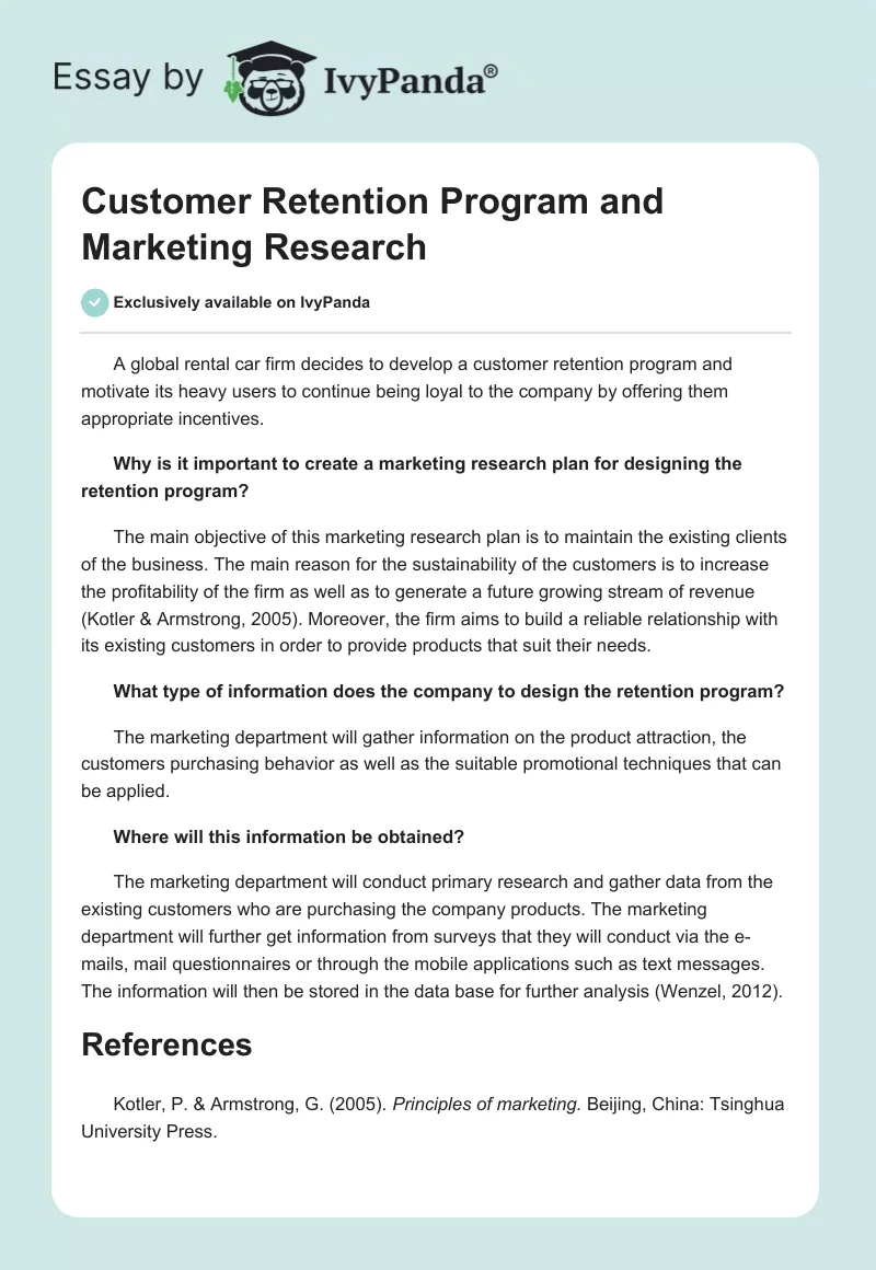 Customer Retention Program and Marketing Research. Page 1