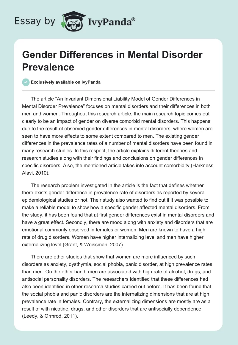 Gender Differences in Mental Disorder Prevalence. Page 1