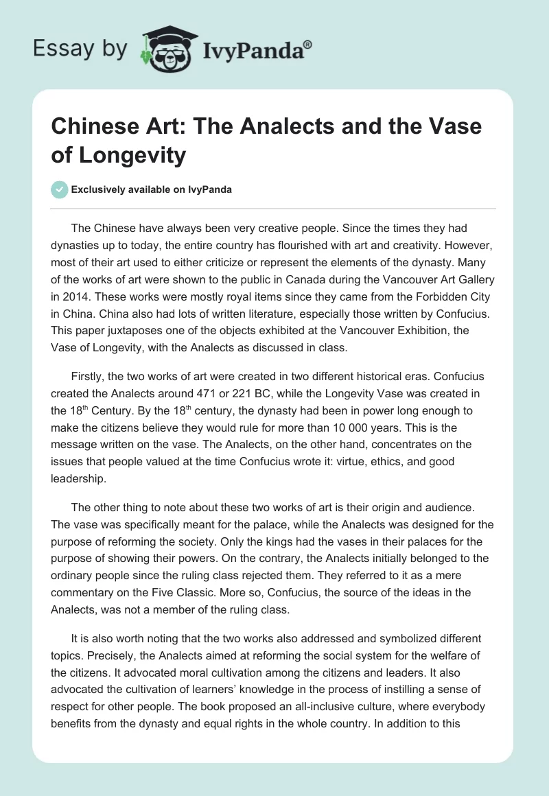 Chinese Art: The Analects and the Vase of Longevity. Page 1