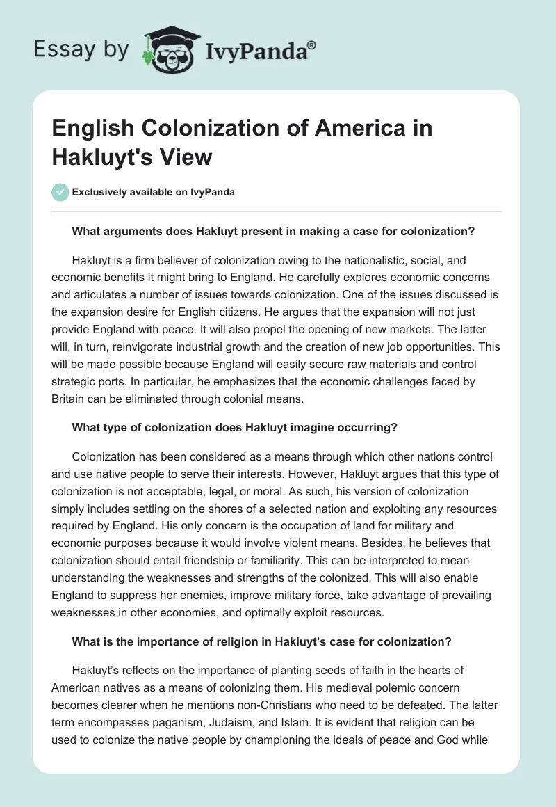 English Colonization of America in Hakluyt's View. Page 1
