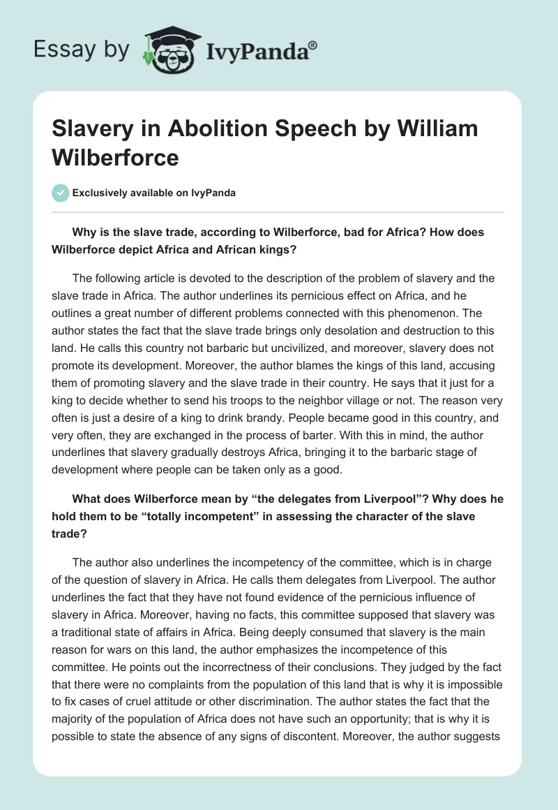 Slavery in "Abolition Speech" by William Wilberforce. Page 1