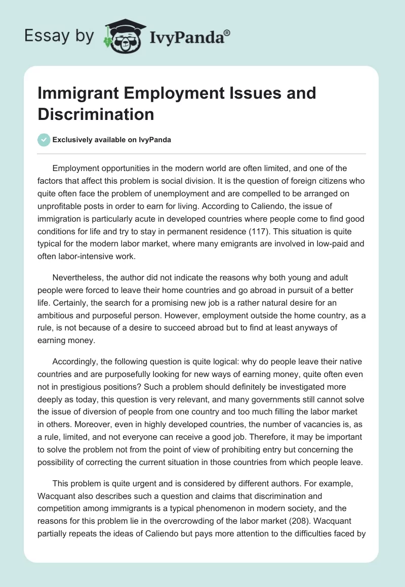 Immigrant Employment Issues and Discrimination. Page 1
