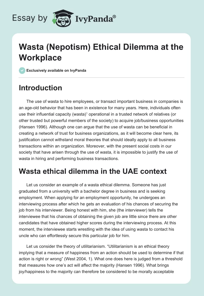 Wasta (Nepotism) Ethical Dilemma at the Workplace. Page 1