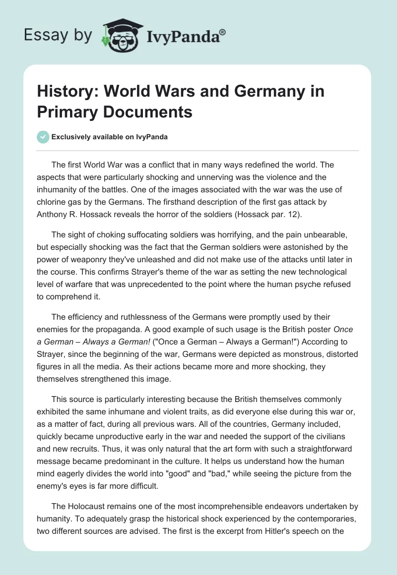 History: World Wars and Germany in Primary Documents. Page 1
