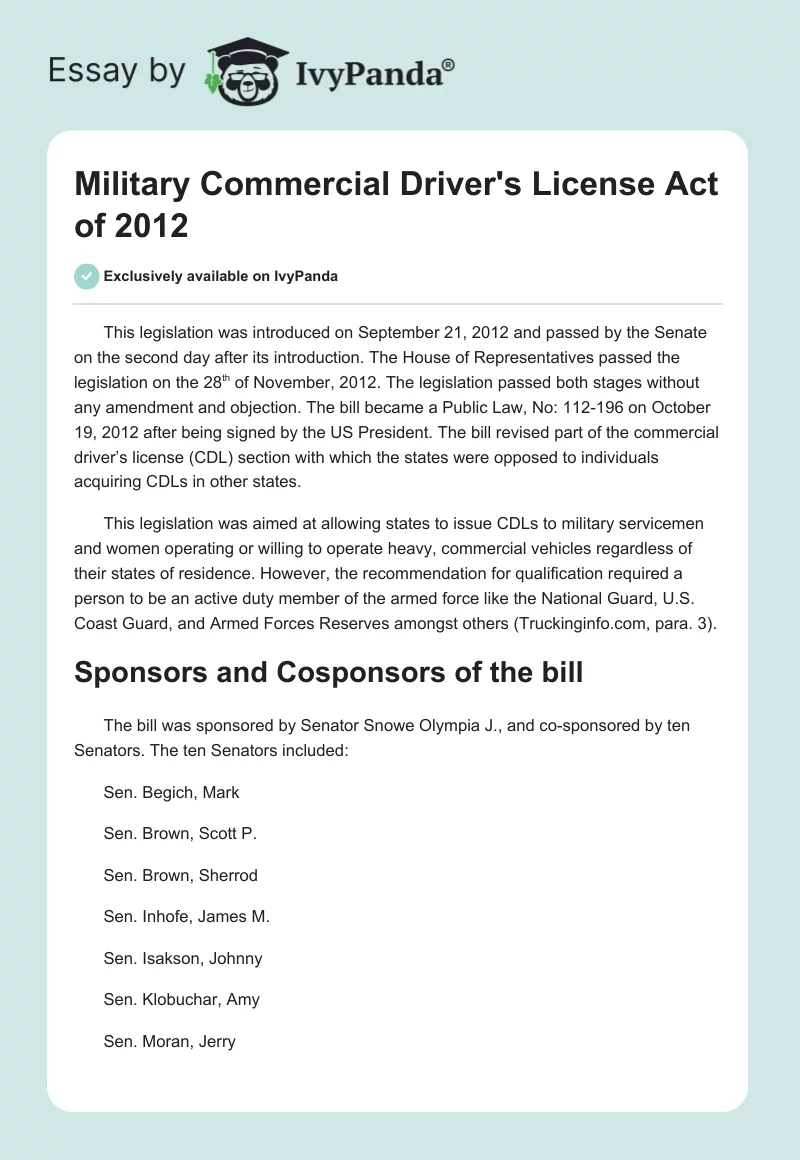 Military Commercial Driver's License Act of 2012. Page 1