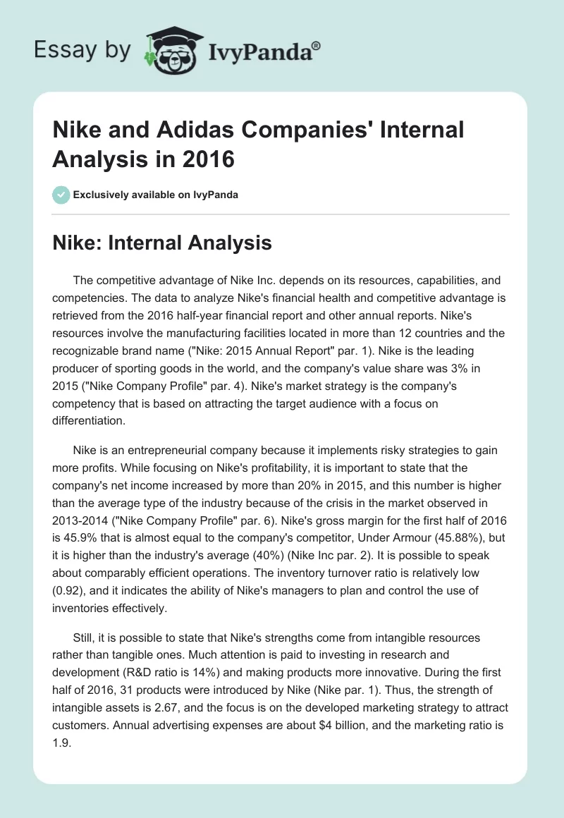 Nike and Adidas Companies' Internal Analysis in 2016. Page 1