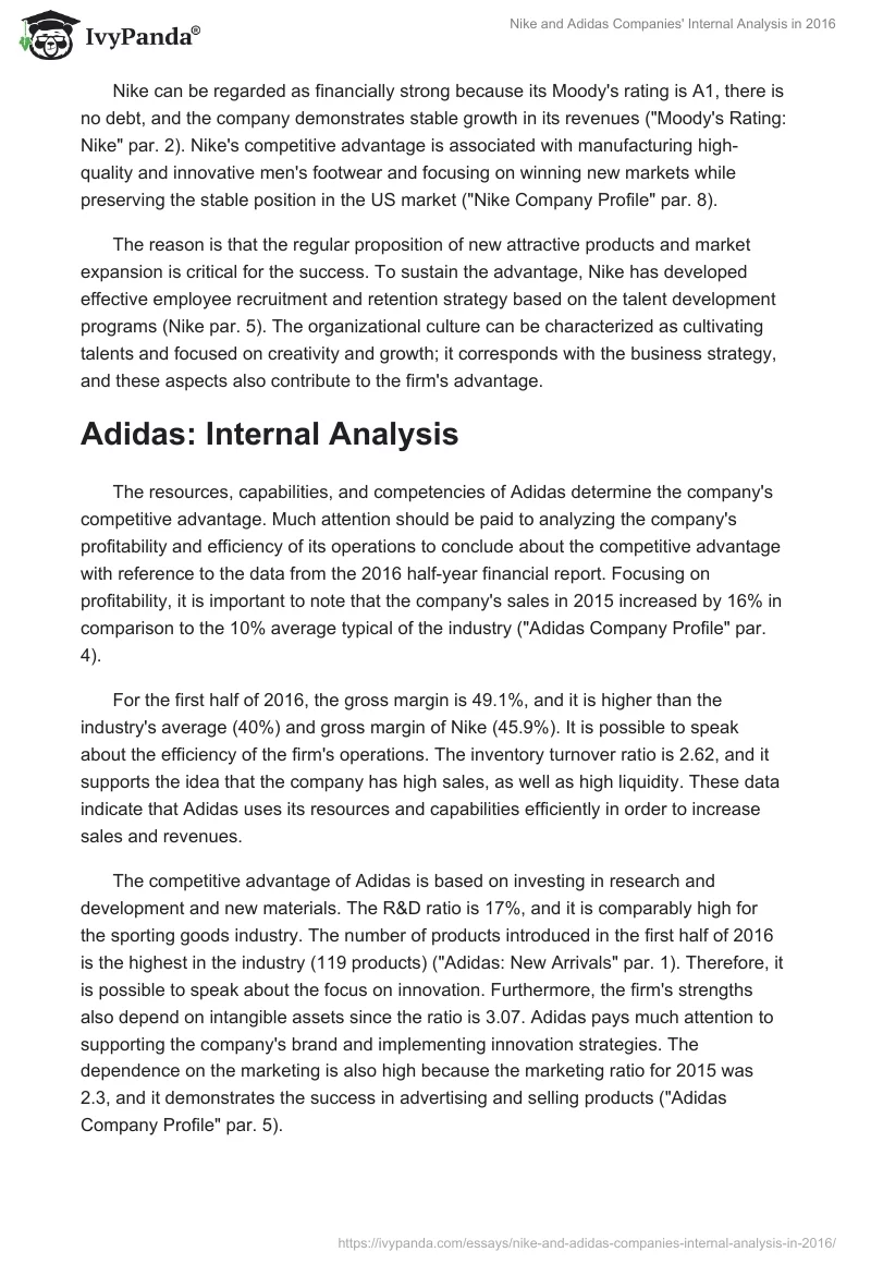 Nike and Adidas Companies' Internal Analysis in 2016. Page 2